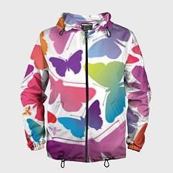 Ветровка с капюшоном мужская Разноцветные бабочки, цвет: 3D-черный