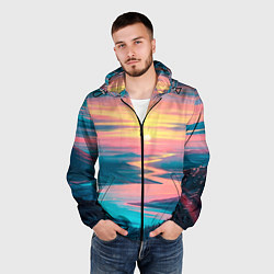 Ветровка с капюшоном мужская Извилистая река закат природа, цвет: 3D-черный — фото 2