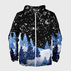 Ветровка с капюшоном мужская Снежная ночь в зимнем лесу, цвет: 3D-белый