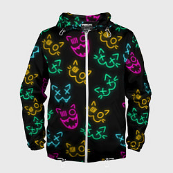 Ветровка с капюшоном мужская НЕОНОВЫЕ КОТИКИ NEON FACES CATS, цвет: 3D-белый