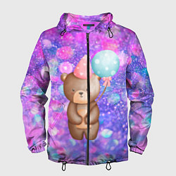 Ветровка с капюшоном мужская День Рождения - Медвежонок с шариками, цвет: 3D-черный
