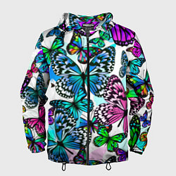 Ветровка с капюшоном мужская Рой цветных бабочек, цвет: 3D-черный