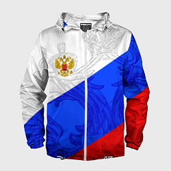 Ветровка с капюшоном мужская Российский герб: триколор, цвет: 3D-белый