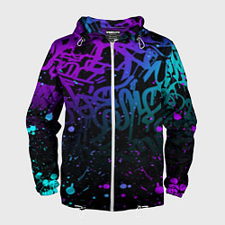 Ветровка с капюшоном мужская НЕОНОВОЕ ГРАФФИТИ НЕОНОВЫЕ БРЫЗГИ, цвет: 3D-белый