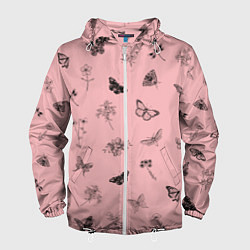 Ветровка с капюшоном мужская Цветочки и бабочки на розовом фоне, цвет: 3D-белый
