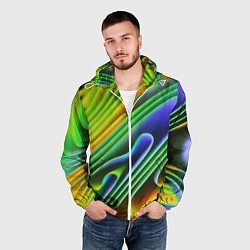 Ветровка с капюшоном мужская Цветные неоновые полосы Абстракция Color neon patt, цвет: 3D-белый — фото 2