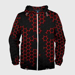 Ветровка с капюшоном мужская НАНОКОСТЮМ Black and Red Hexagon Гексагоны, цвет: 3D-белый