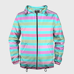 Ветровка с капюшоном мужская Pink turquoise stripes horizontal Полосатый узор, цвет: 3D-черный