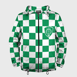 Ветровка с капюшоном мужская ФК Ахмат на фоне бело зеленой формы в квадрат, цвет: 3D-черный