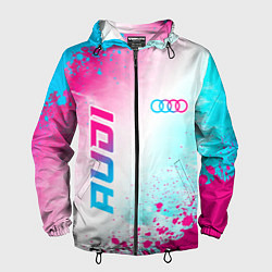 Ветровка с капюшоном мужская Audi neon gradient style: символ и надпись вертика, цвет: 3D-черный