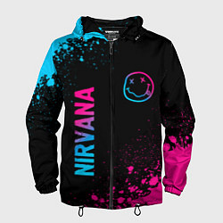 Ветровка с капюшоном мужская Nirvana - neon gradient: символ и надпись вертикал, цвет: 3D-черный