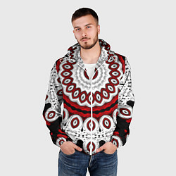 Ветровка с капюшоном мужская Красно-черный калейдоскоп мандала, цвет: 3D-белый — фото 2