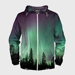 Ветровка с капюшоном мужская Сияние над лесом, цвет: 3D-белый