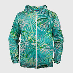 Ветровка с капюшоном мужская Тропические листья на зеленом фоне, цвет: 3D-белый