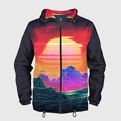 Ветровка с капюшоном мужская Синтвейв неоновые горы на закате, цвет: 3D-черный