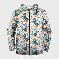Ветровка с капюшоном мужская Новогодний паттерн - Кролики и веточки, цвет: 3D-черный