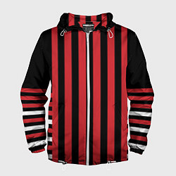Ветровка с капюшоном мужская Красно черный полосатый узор, цвет: 3D-белый