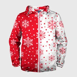 Ветровка с капюшоном мужская Рождественские снежинки на красно-белом фоне, цвет: 3D-белый