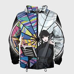 Ветровка с капюшоном мужская Уэнсдэй играет на виолончели на фоне окна, цвет: 3D-черный