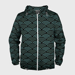 Ветровка с капюшоном мужская Японский бирюзовый паттерн, цвет: 3D-белый