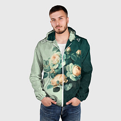 Ветровка с капюшоном мужская Розы на зеленом фоне, цвет: 3D-белый — фото 2
