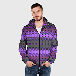Ветровка с капюшоном мужская Серо-фиолетовый этнический геометрический узор, цвет: 3D-черный — фото 2