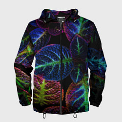 Ветровка с капюшоном мужская Неоновые листья растений, цвет: 3D-черный