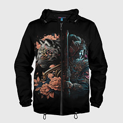 Ветровка с капюшоном мужская Самурай и тигр, цвет: 3D-черный