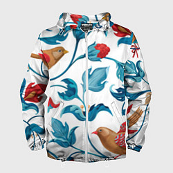 Ветровка с капюшоном мужская Узоры и птицы, цвет: 3D-белый