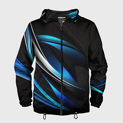 Ветровка с капюшоном мужская Абстрактные синие и белые линии на черном фоне, цвет: 3D-черный