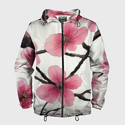 Ветровка с капюшоном мужская Цветы и ветви японской сакуры - текстура холста, цвет: 3D-черный