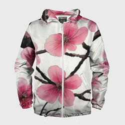 Ветровка с капюшоном мужская Цветы и ветви японской сакуры - текстура холста, цвет: 3D-белый
