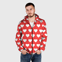 Ветровка с капюшоном мужская Сердечки на красном фоне, цвет: 3D-черный — фото 2