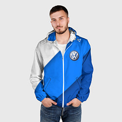 Ветровка с капюшоном мужская Volkswagen - голубые линии, цвет: 3D-белый — фото 2