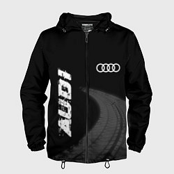 Ветровка с капюшоном мужская Audi speed на темном фоне со следами шин вертикаль, цвет: 3D-черный