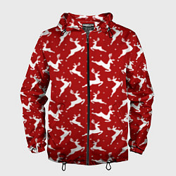 Ветровка с капюшоном мужская Красный паттерн с новогодними оленями, цвет: 3D-черный