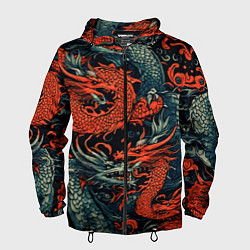 Ветровка с капюшоном мужская Красный и серый дракон, цвет: 3D-черный