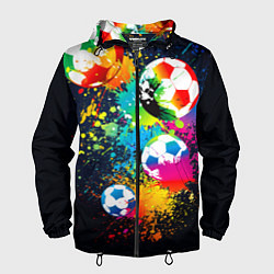 Ветровка с капюшоном мужская Разноцветные футбольные мячи, цвет: 3D-черный