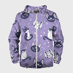 Ветровка с капюшоном мужская Мистические кошечки - паттерн фиолетовый, цвет: 3D-белый