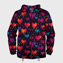 Ветровка с капюшоном мужская Паттерн с сердцами, цвет: 3D-черный