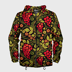 Ветровка с капюшоном мужская Хохломская роспись красные ягоды, цвет: 3D-черный