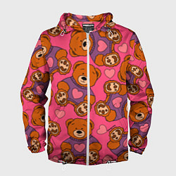 Ветровка с капюшоном мужская Мишки игрушки в розовых свитерах и сердечки, цвет: 3D-белый
