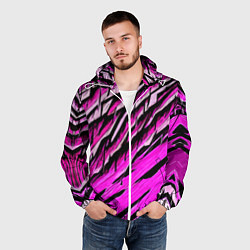 Ветровка с капюшоном мужская Розовые и чёрные полосы, цвет: 3D-белый — фото 2