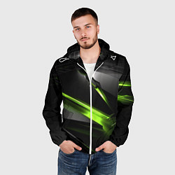 Ветровка с капюшоном мужская Зеленая абстрактная конструкция в стиле nvidia, цвет: 3D-белый — фото 2