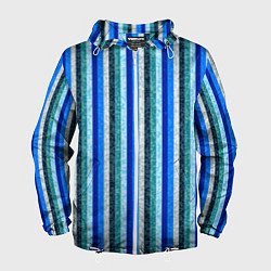 Ветровка с капюшоном мужская Сине-бирюзовый полосатый, цвет: 3D-белый