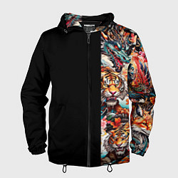 Ветровка с капюшоном мужская Тату ирезуми дракона тигр лис и самурай, цвет: 3D-черный