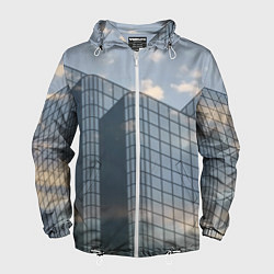 Ветровка с капюшоном мужская Городское небо и зеркальная многоэтажка, цвет: 3D-белый