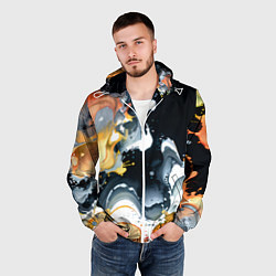 Ветровка с капюшоном мужская Белые и персиковые разводы на черном фоне, цвет: 3D-белый — фото 2