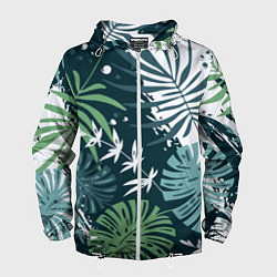 Ветровка с капюшоном мужская Листья тропических джунглей абстракция, цвет: 3D-белый
