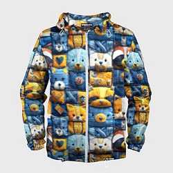 Ветровка с капюшоном мужская Пэчворк с мордашками енотов, цвет: 3D-белый